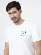 A model wearing White jayhues marque t-shirt showcasing the front print of the shirt.