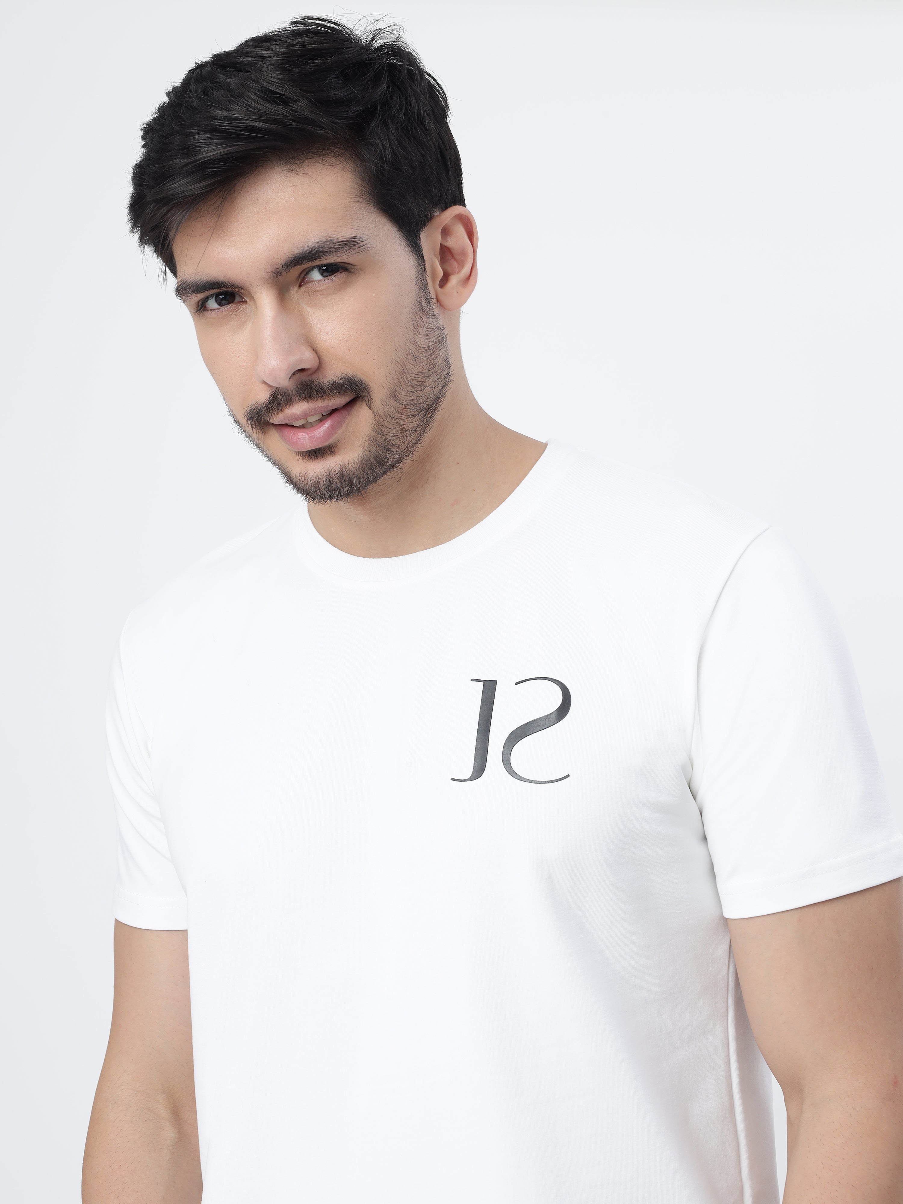 A model wearing White jayhues marque t-shirt showcasing the front print of the shirt.