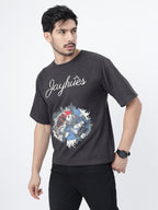 Model showcasing the front print of Charcoal Pisces Koi oversized t-shirt on a white background.