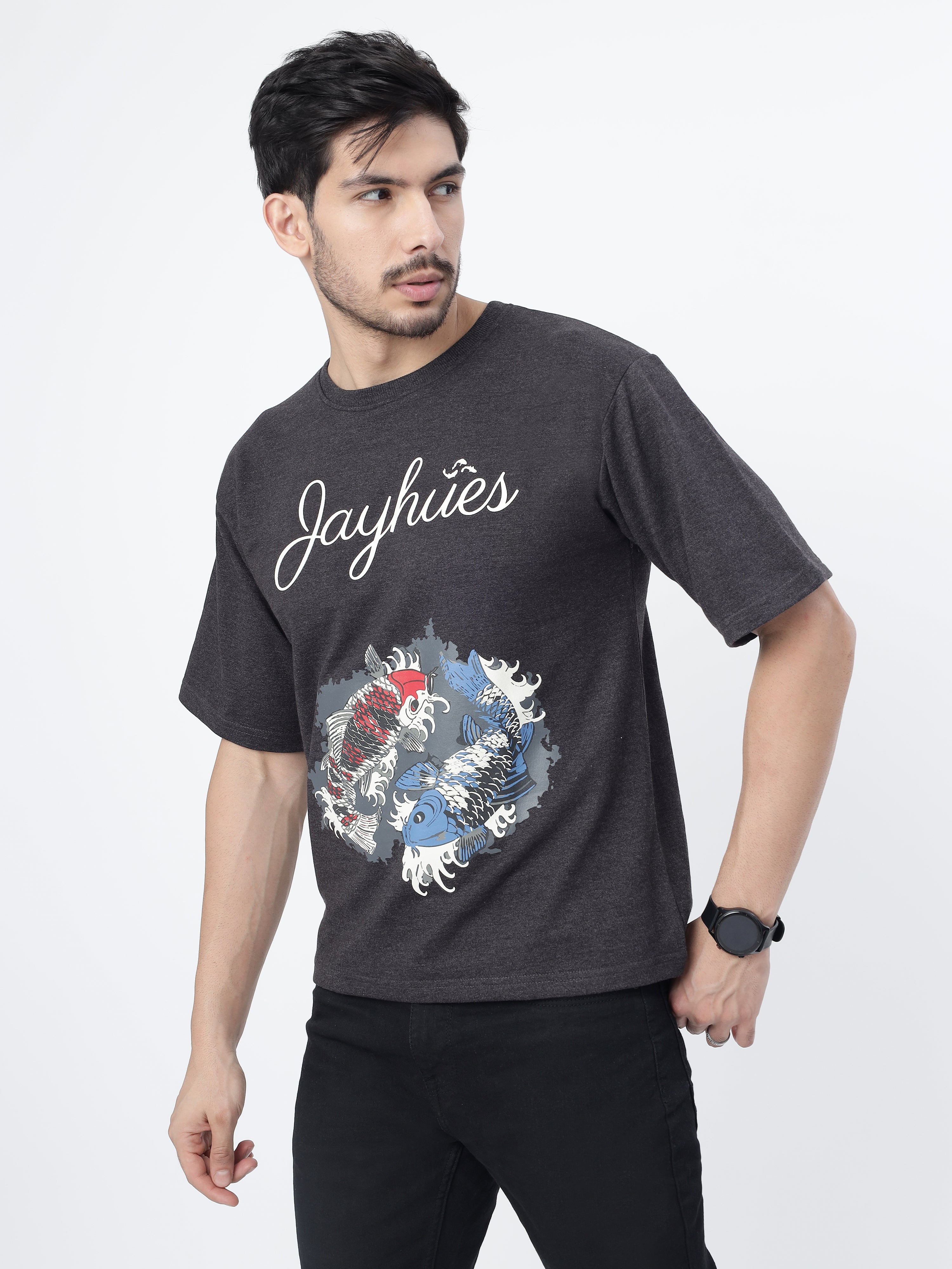 Model showcasing the front print of Charcoal Pisces Koi oversized t-shirt on a white background.