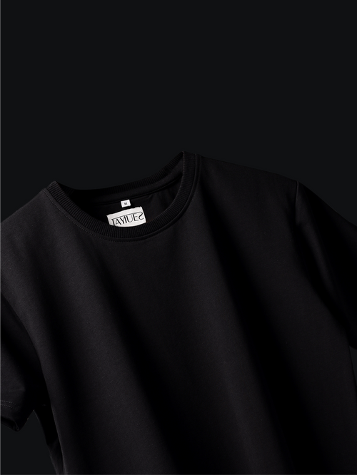 Jayhues black basic t-shirt with a brand label on a black background