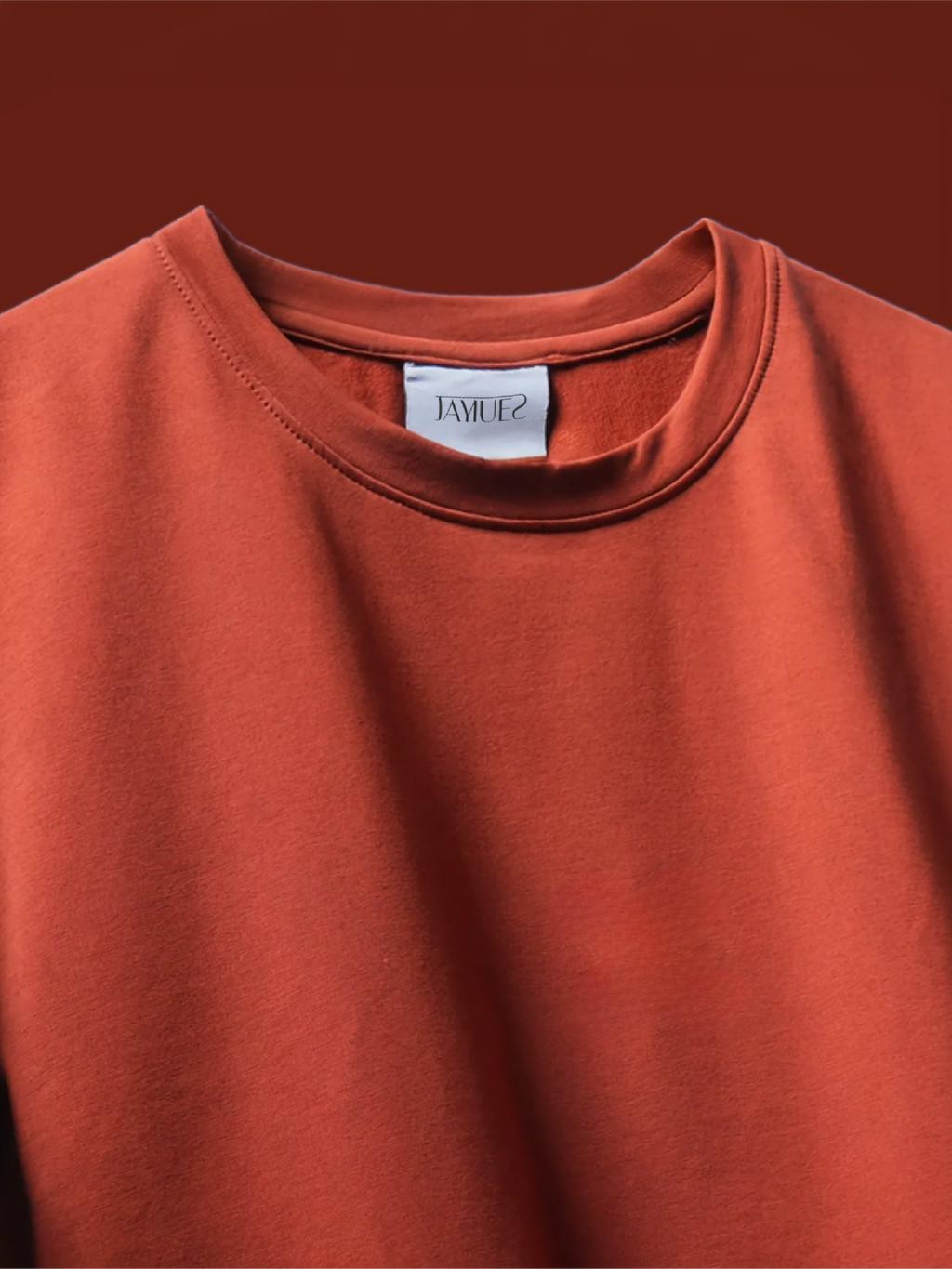 A close-up of the rust basic t-shirt, set against a matching rust-orange background.