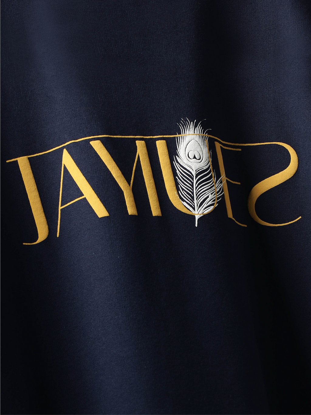 Front closeup of Navy peacock feather oversized t-shirt.