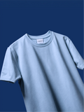 The light blue basic t-shirt, set against a solid dark blue background.