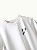 White jayhues marque t-shirt with a black hd logo on a white background