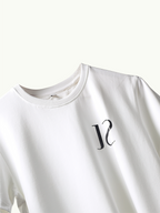 White jayhues marque t-shirt with a black hd logo on a white background