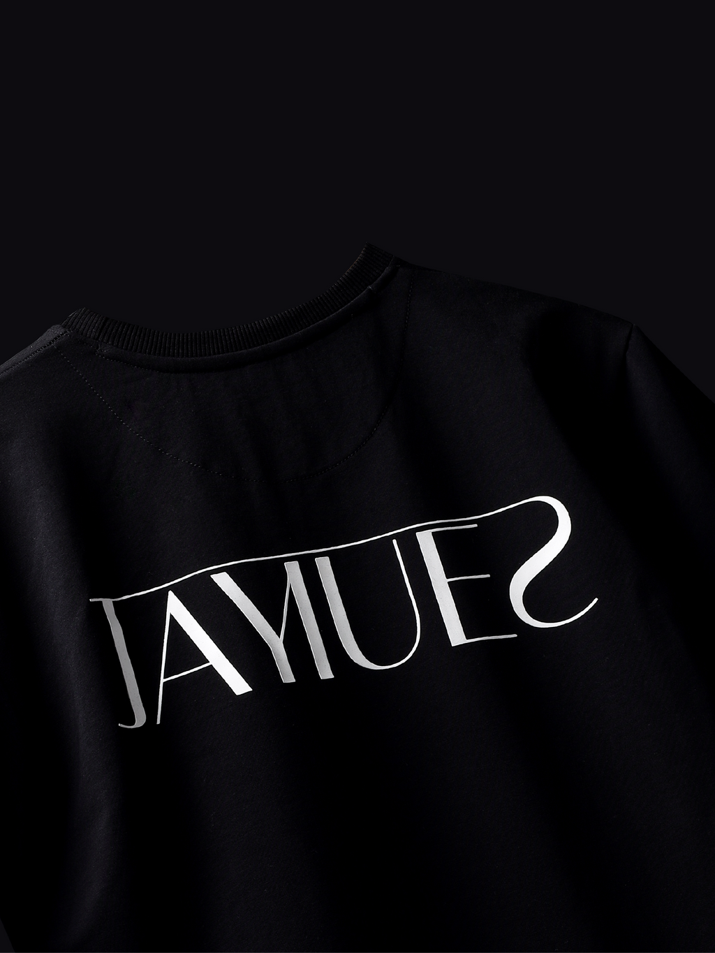 Black jayhues marque t-shirt backside on black background