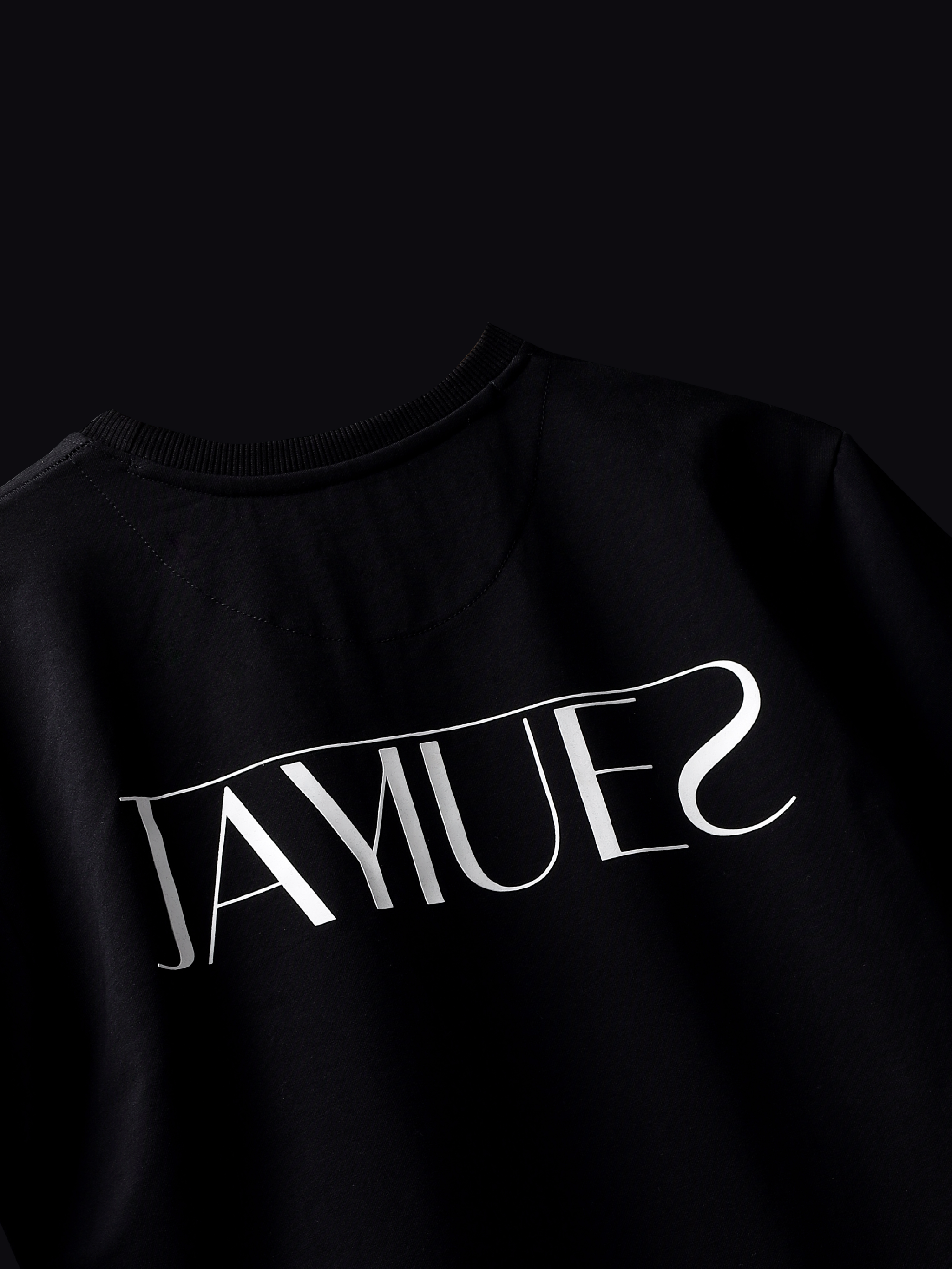 Black jayhues marque t-shirt backside on black background