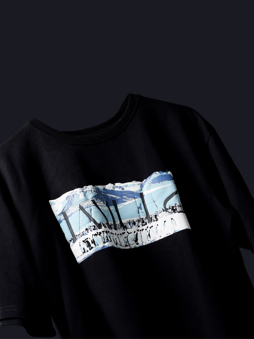 Black antarctic emperor oversized t-shirt on a dark background.