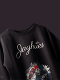 Charcoal Pisces Koi oversized t-shirt on a dark background.