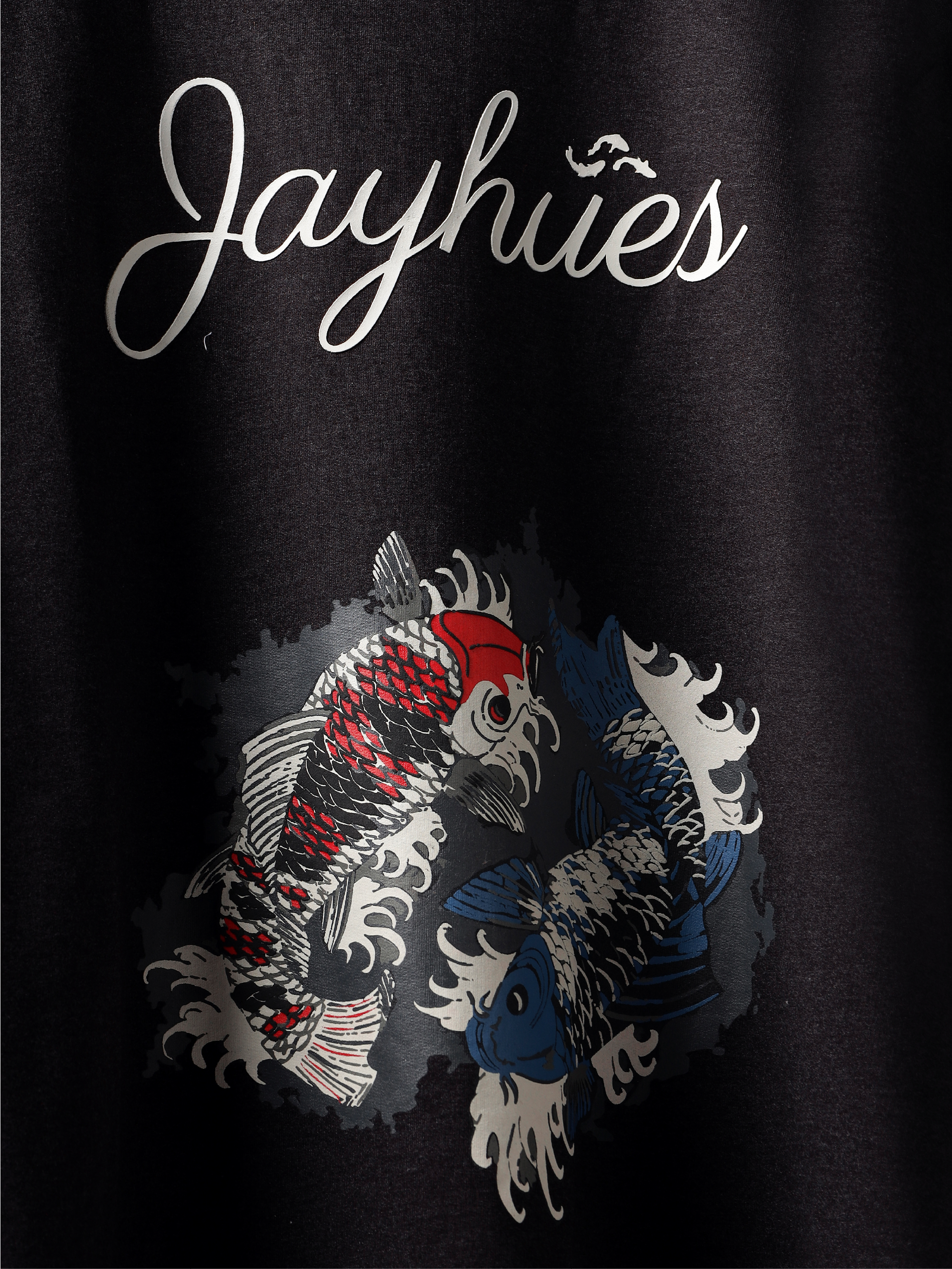 Front closeup of Charcoal Pisces Koi oversized t-shirt.