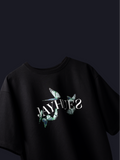 Black blue butterflies oversized t-shirt with 'JAYHUES' design on a dark background