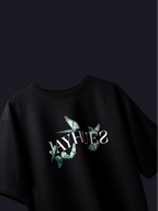 Black blue butterflies oversized t-shirt with 'JAYHUES' design on a dark background