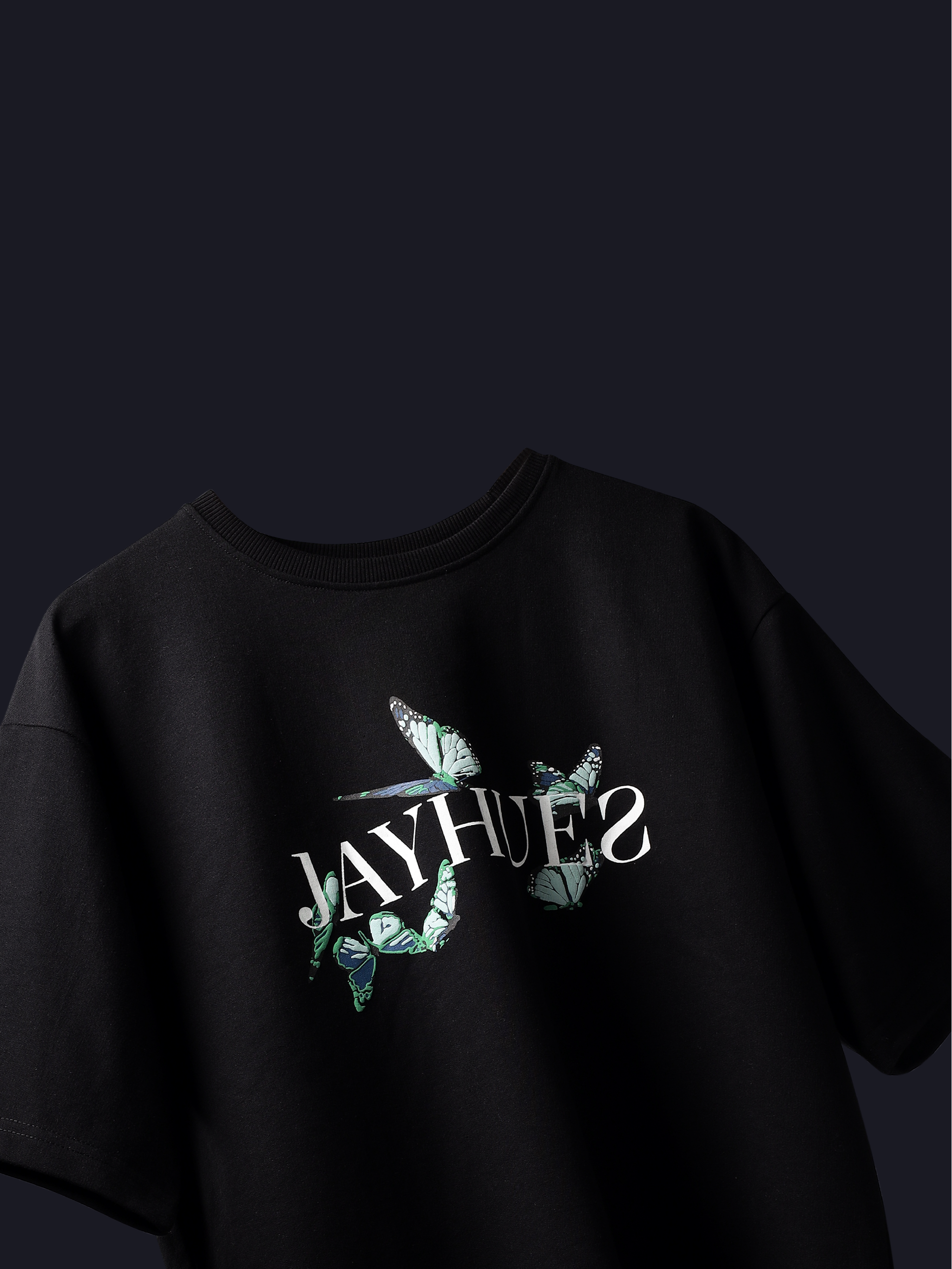 Black blue butterflies oversized t-shirt with 'JAYHUES' design on a dark background