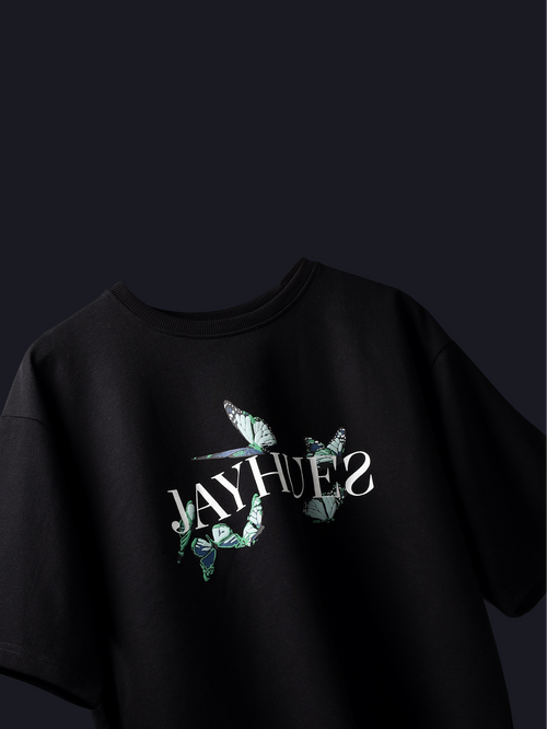 Black blue butterflies oversized t-shirt with 'JAYHUES' design on a dark background