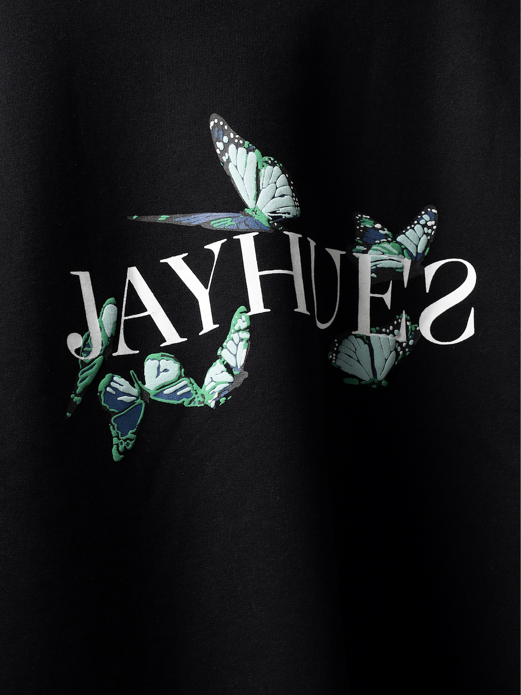 Front closeup of Black blue butterflies oversized t-shirt