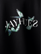 Front closeup of Black blue butterflies oversized t-shirt