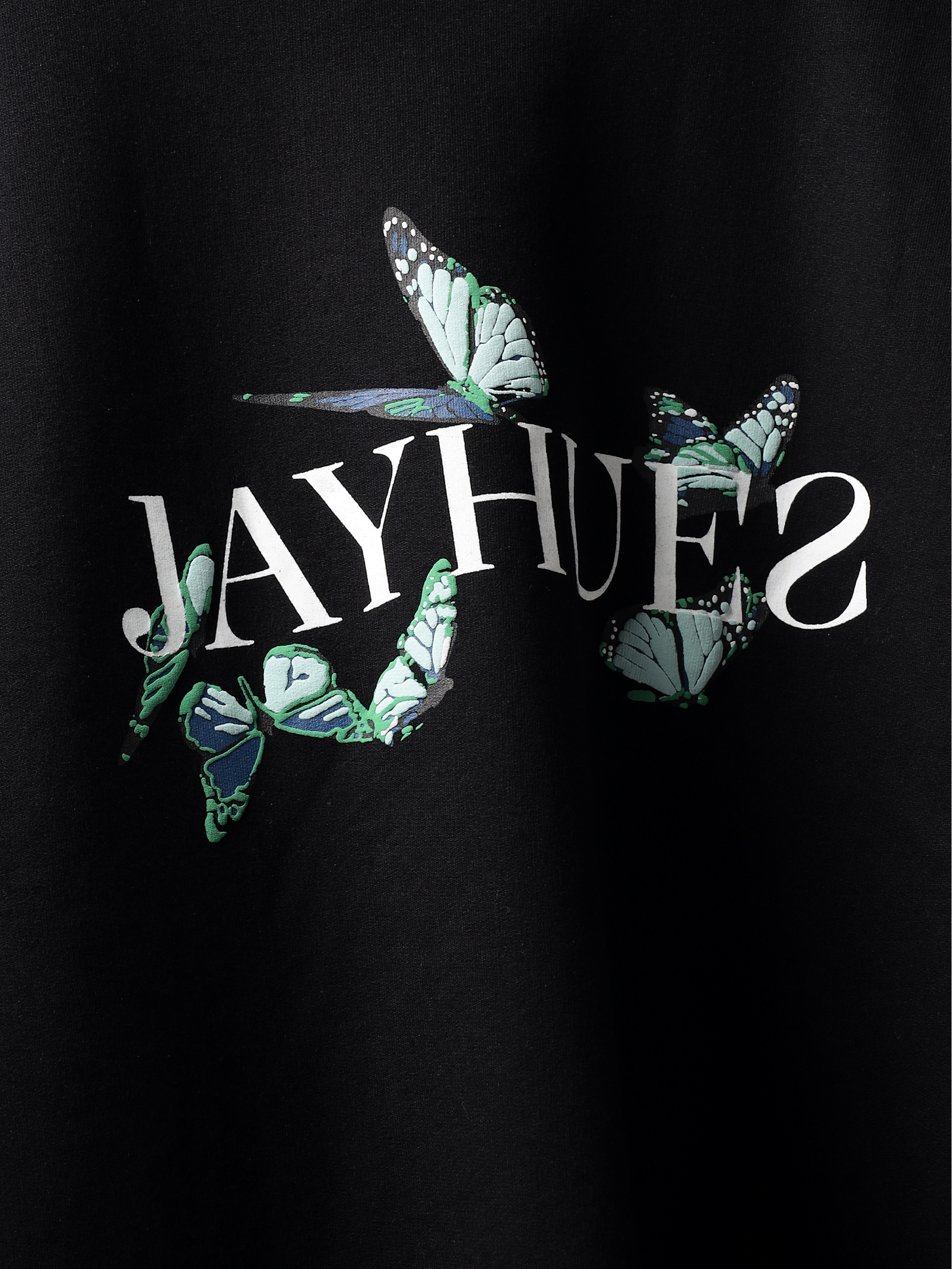 Front closeup of Black blue butterflies oversized t-shirt