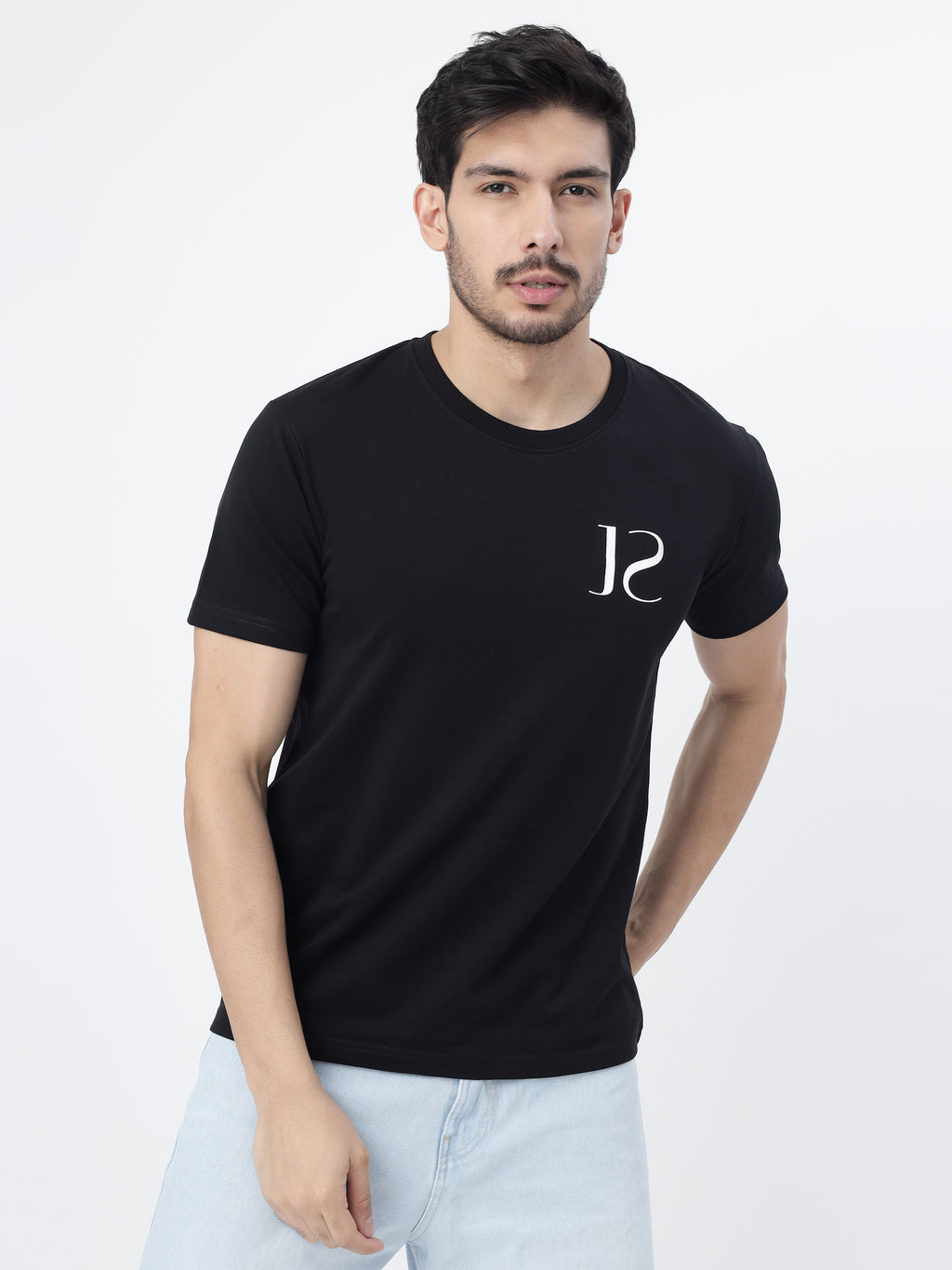 Model wearing Black jayhues marque t-shirt showcasing the front print, on a white background.