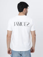 A model wearing the White jayhues marque t-shirt showcasing the back print of the shirt.